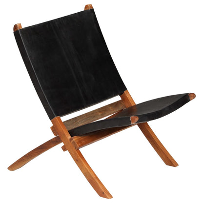 vidaXL Folding Chair Black Real Leather