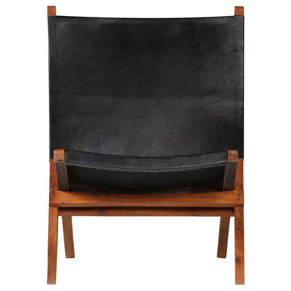 vidaXL Folding Chair Black Real Leather