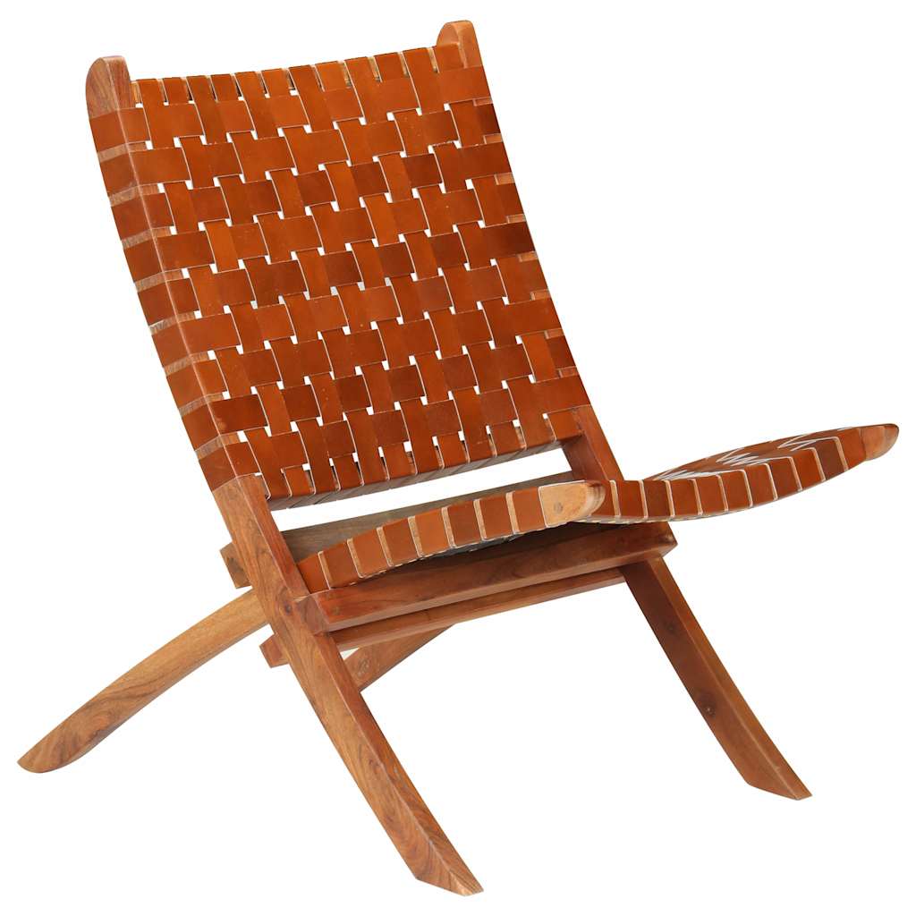 246365 vidaXL Folding Chair Crossed-Stripe Brown Real Leather