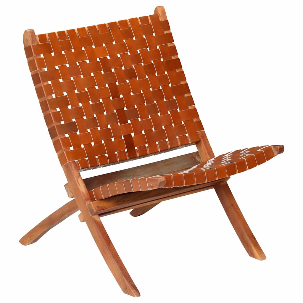246365 vidaXL Folding Chair Crossed-Stripe Brown Real Leather