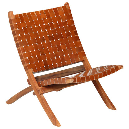 246365 vidaXL Folding Chair Crossed-Stripe Brown Real Leather