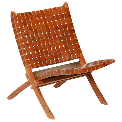 246365 vidaXL Folding Chair Crossed-Stripe Brown Real Leather