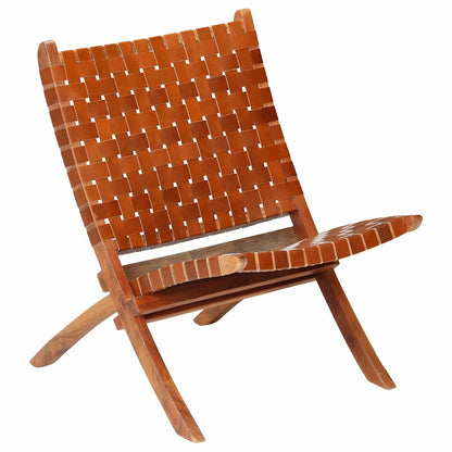 246365 vidaXL Folding Chair Crossed-Stripe Brown Real Leather