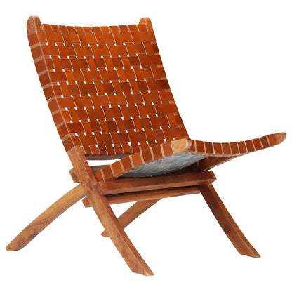 246365 vidaXL Folding Chair Crossed-Stripe Brown Real Leather