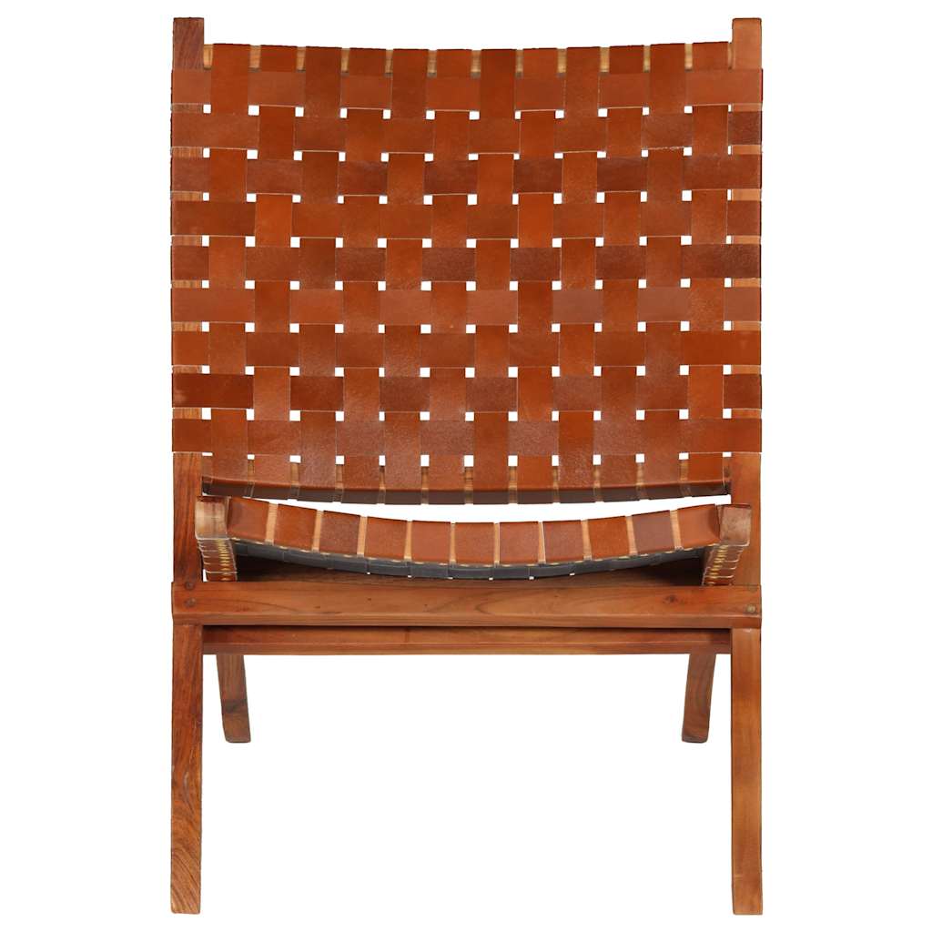 246365 vidaXL Folding Chair Crossed-Stripe Brown Real Leather