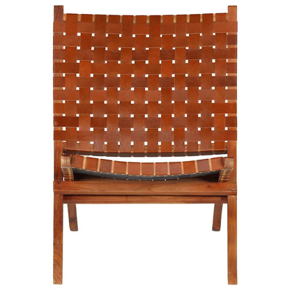 246365 vidaXL Folding Chair Crossed-Stripe Brown Real Leather