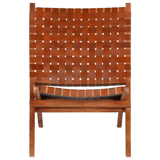 246365 vidaXL Folding Chair Crossed-Stripe Brown Real Leather