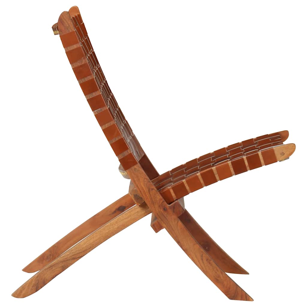 246365 vidaXL Folding Chair Crossed-Stripe Brown Real Leather