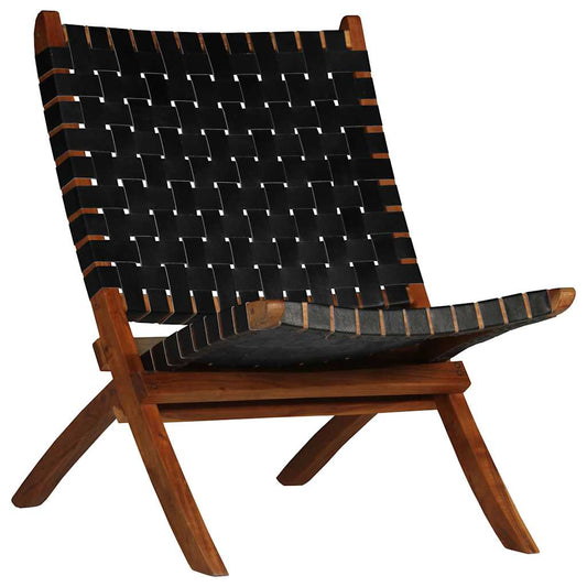 246366 vidaXL Folding Chair Crossed-Stripe Black Real Leather