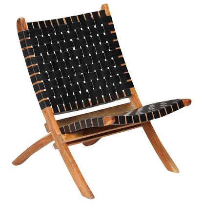 246366 vidaXL Folding Chair Crossed-Stripe Black Real Leather