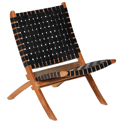 246366 vidaXL Folding Chair Crossed-Stripe Black Real Leather