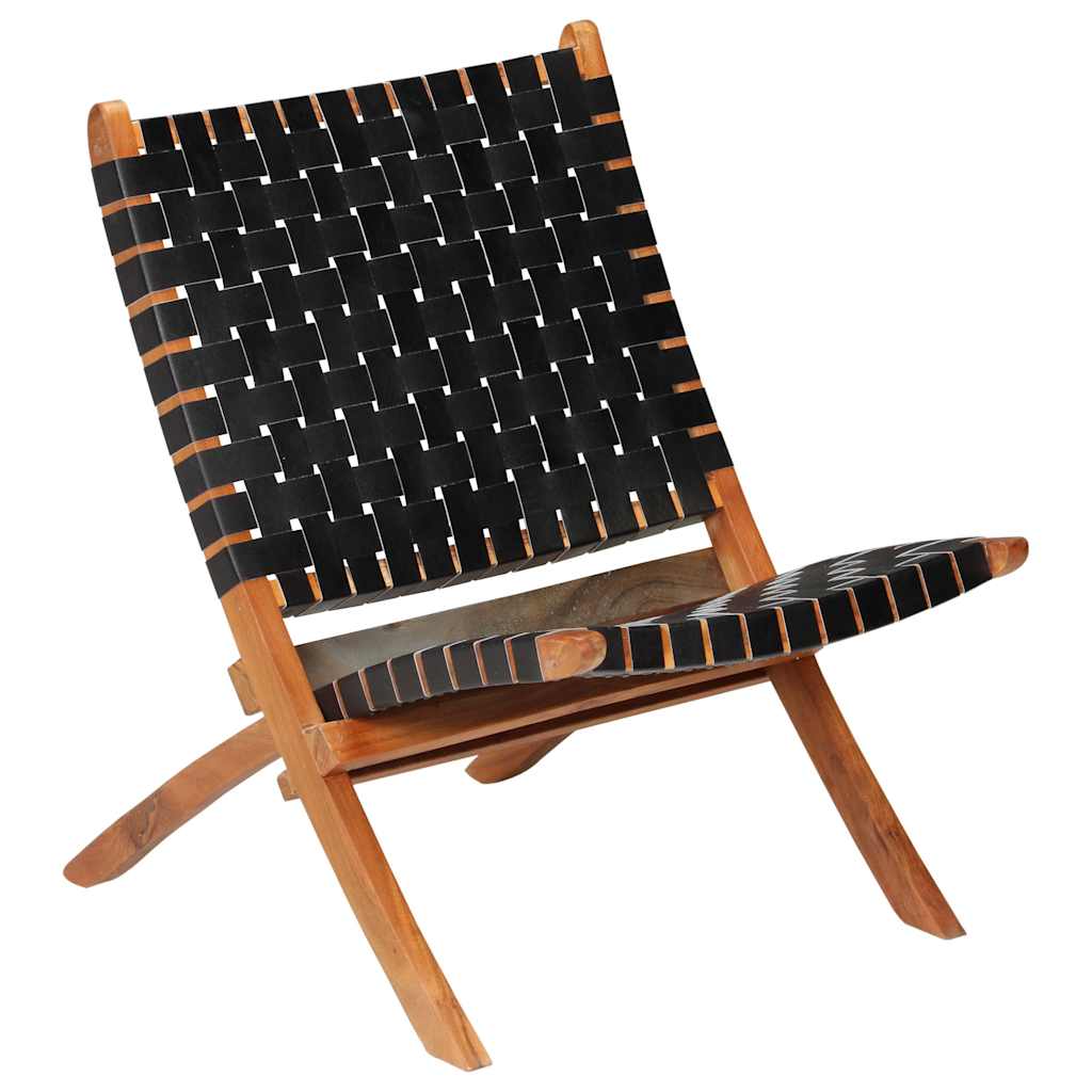 246366 vidaXL Folding Chair Crossed-Stripe Black Real Leather