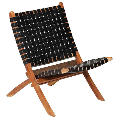 246366 vidaXL Folding Chair Crossed-Stripe Black Real Leather
