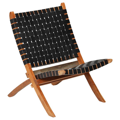 246366 vidaXL Folding Chair Crossed-Stripe Black Real Leather