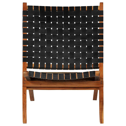 246366 vidaXL Folding Chair Crossed-Stripe Black Real Leather