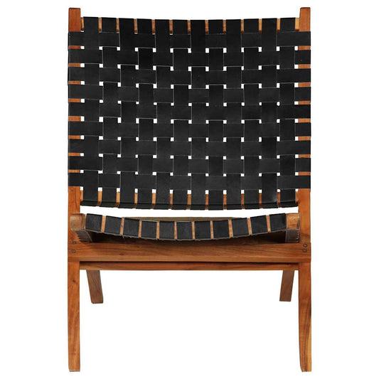 246366 vidaXL Folding Chair Crossed-Stripe Black Real Leather