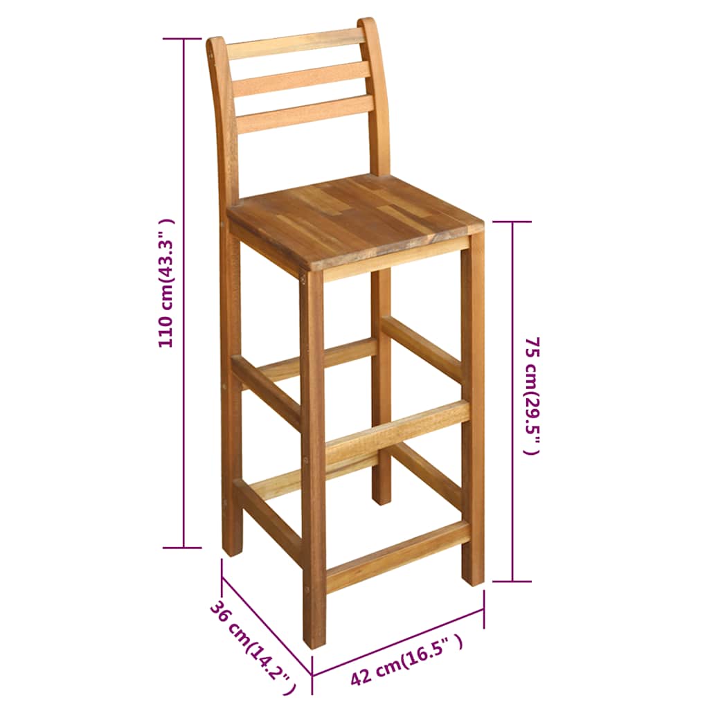 vidaXL Bar Chair | Set of 2 | Natural Wood | Solid Acacia Wood | Large