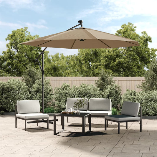 vidaXL Cantilever Garden Parasol with LED Lights and Steel Pole 300 cm Taupe