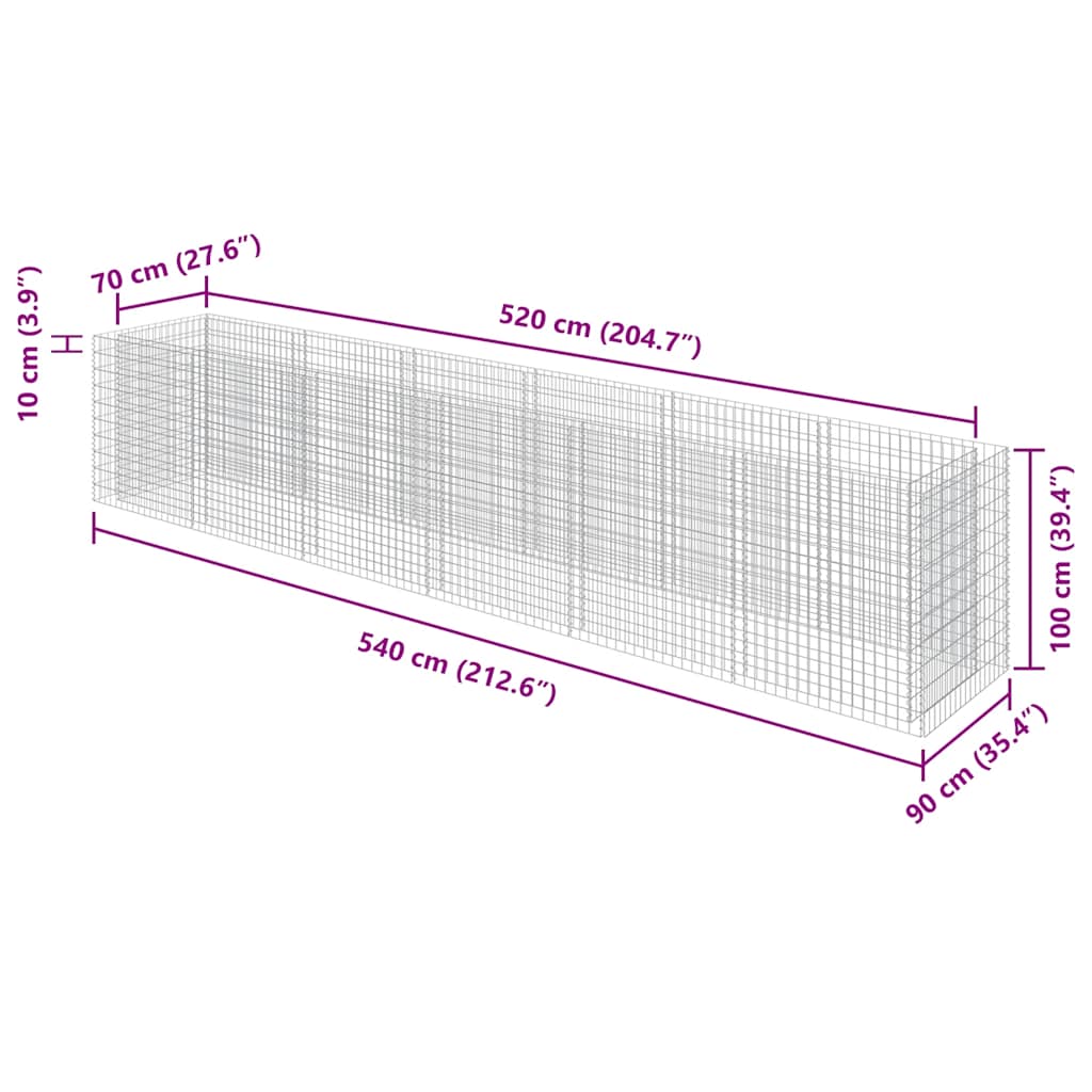 vidaXL Gabion Raised Bed Galvanised Steel 540x90x100 cm