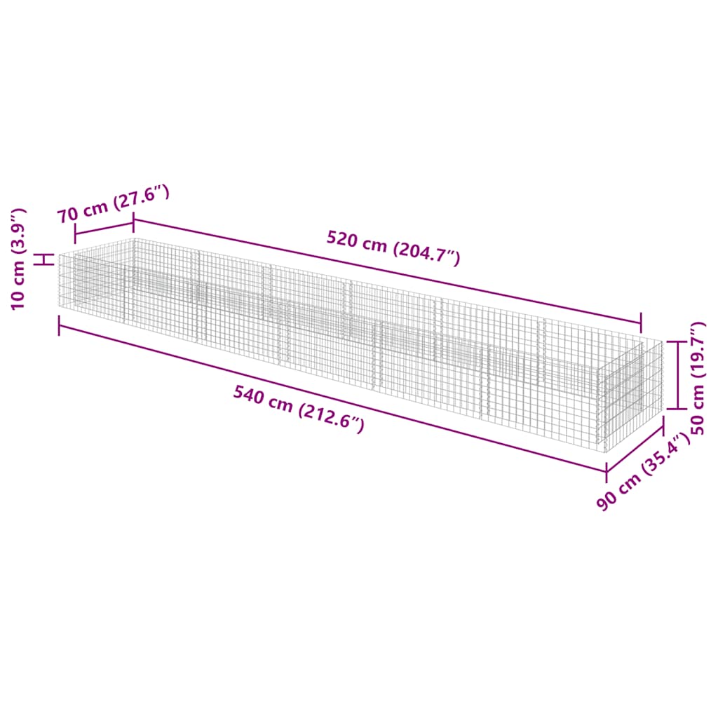 vidaXL Gabion Raised Bed Galvanised Steel 540x90x50 cm