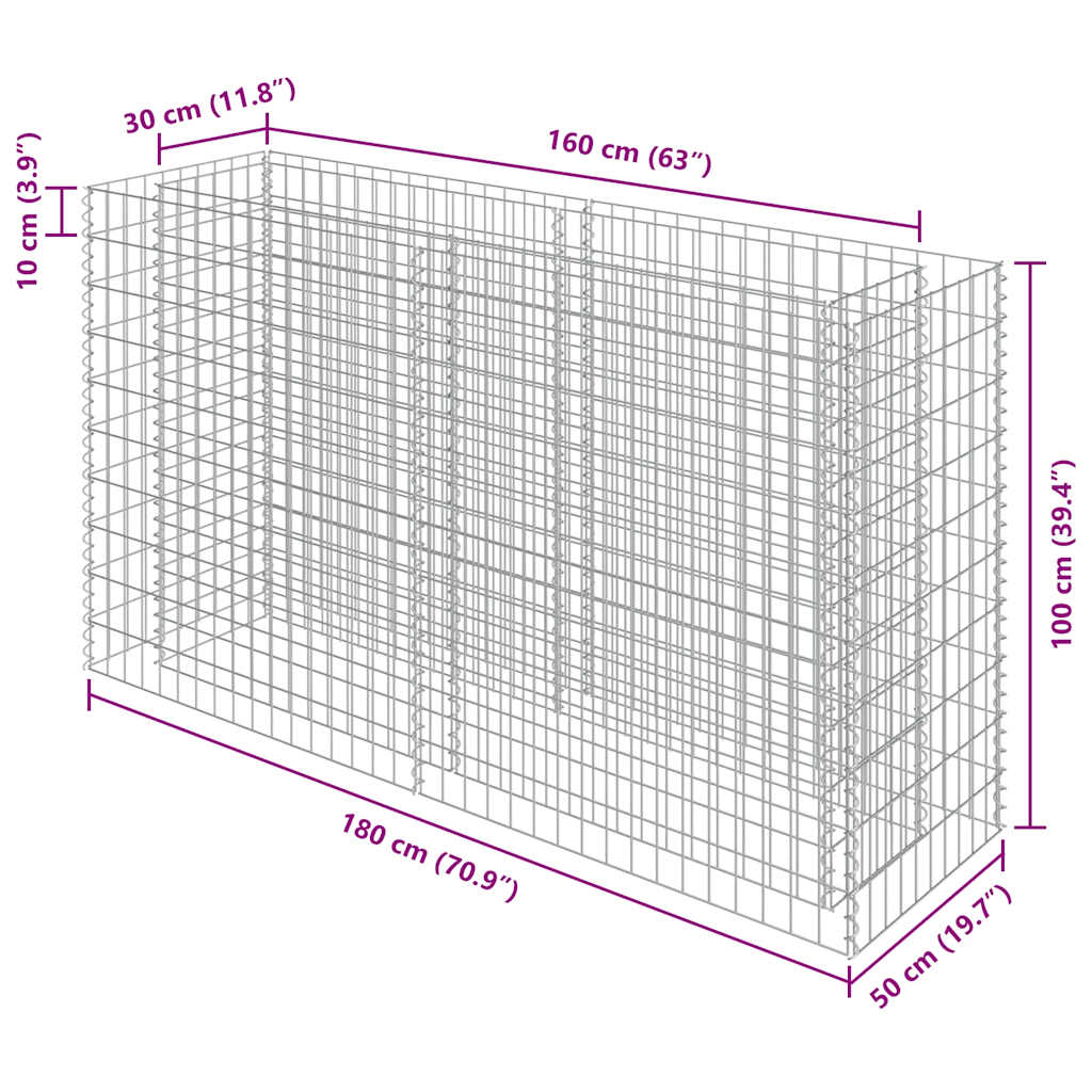 143558 vidaXL Gabion Raised Bed Galvanised Steel 180x50x100 cm