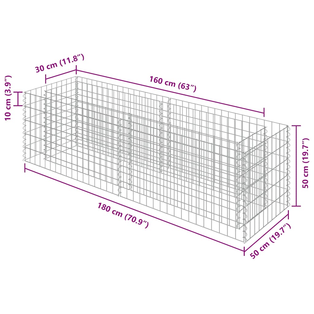 143559 vidaXL Gabion Raised Bed Galvanised Steel 180x50x50 cm