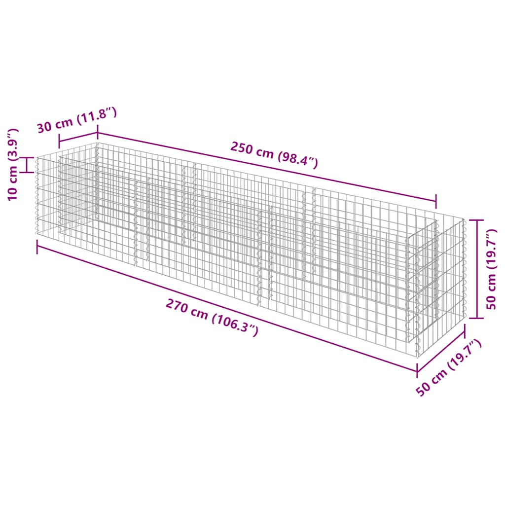 vidaXL Gabion Raised Bed Galvanised Steel 270x50x50 cm
