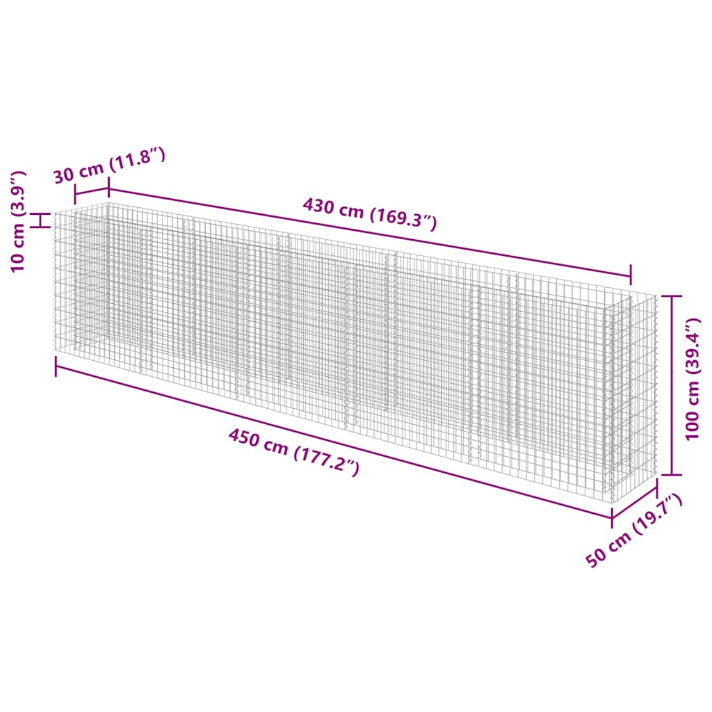 vidaXL Gabion Raised Bed Galvanised Steel 450x50x100 cm