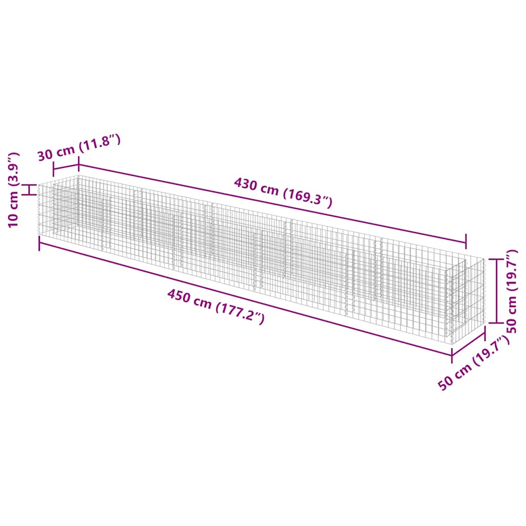 143565 vidaXL Gabion Raised Bed Galvanised Steel 450x50x50 cm