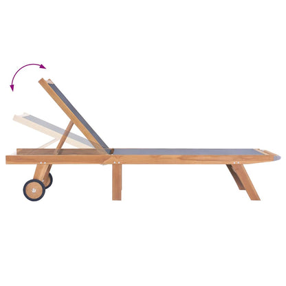 vidaXL Folding Sun Lounger with Wheels Solid Teak and Textilene