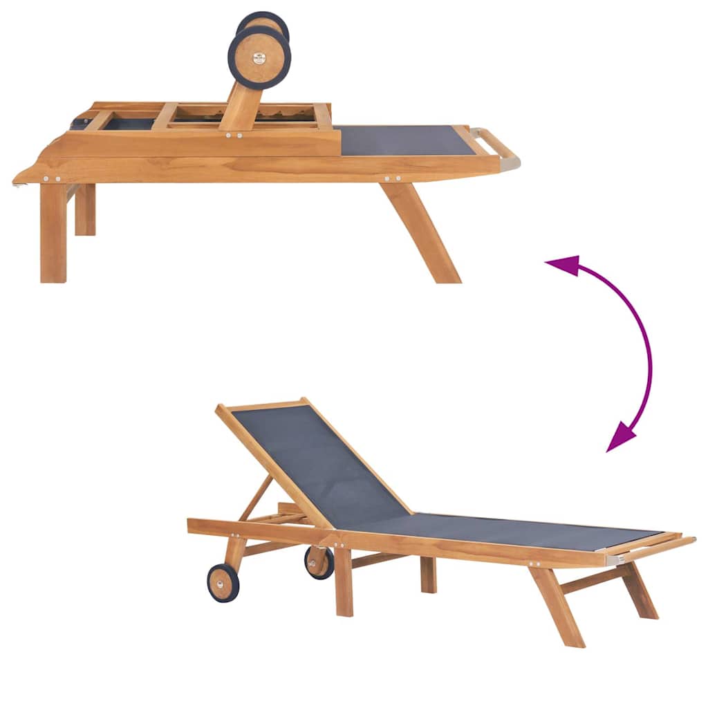 vidaXL Folding Sun Lounger with Wheels Solid Teak and Textilene