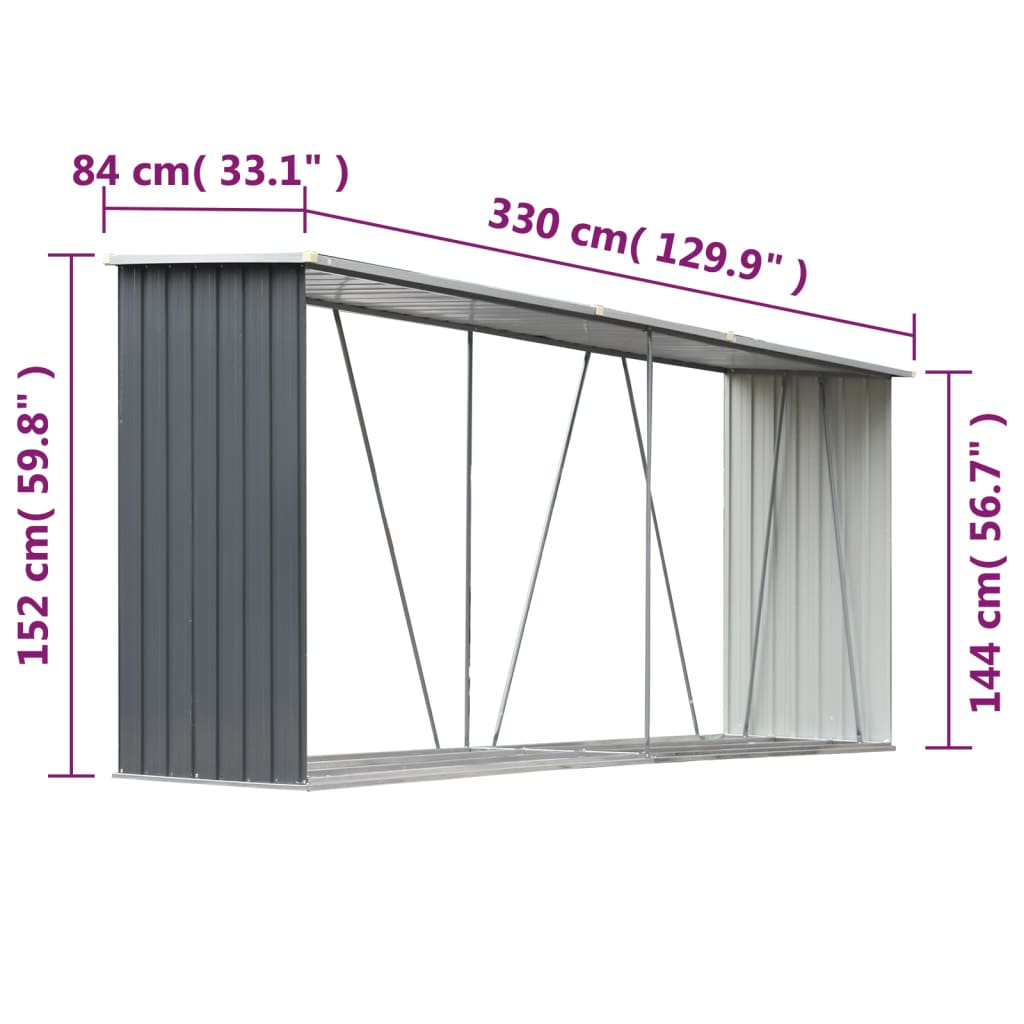 vidaXL Garden Log Storage Shed Galvanised Steel 330x84x152 cm Grey