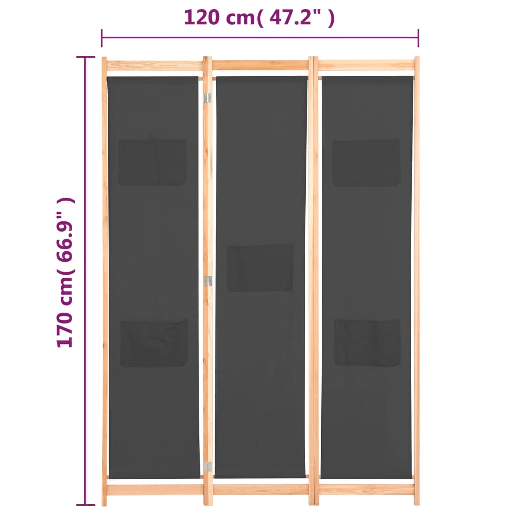 vidaXL 3-Panel Room Divider Grey 120x170x4 cm Fabric
