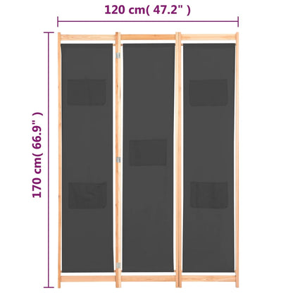 vidaXL 3-Panel Room Divider Grey 120x170x4 cm Fabric