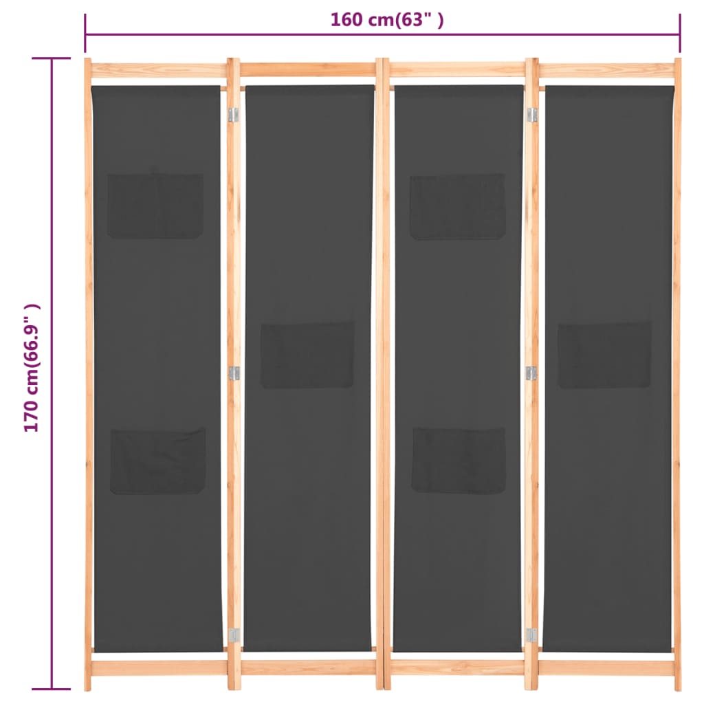 vidaXL 4-Panel Room Divider Grey 160x170x4 cm Fabric