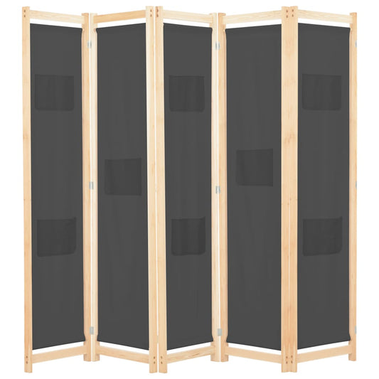 248177 vidaXL 5-Panel Room Divider Grey 200x170x4 cm Fabric