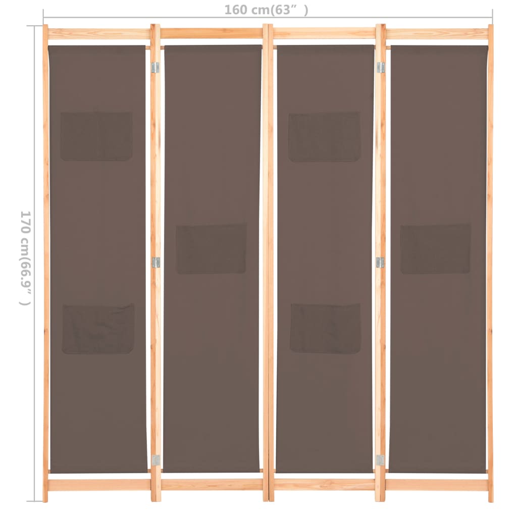 vidaXL 4-Panel Room Divider Brown 160x170x4 cm Fabric