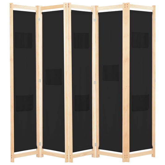 vidaXL 5-Panel Room Divider Black 200x170x4 cm Fabric