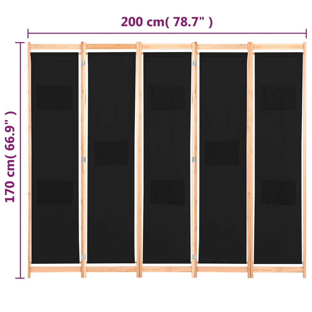 vidaXL 5-Panel Room Divider Black 200x170x4 cm Fabric