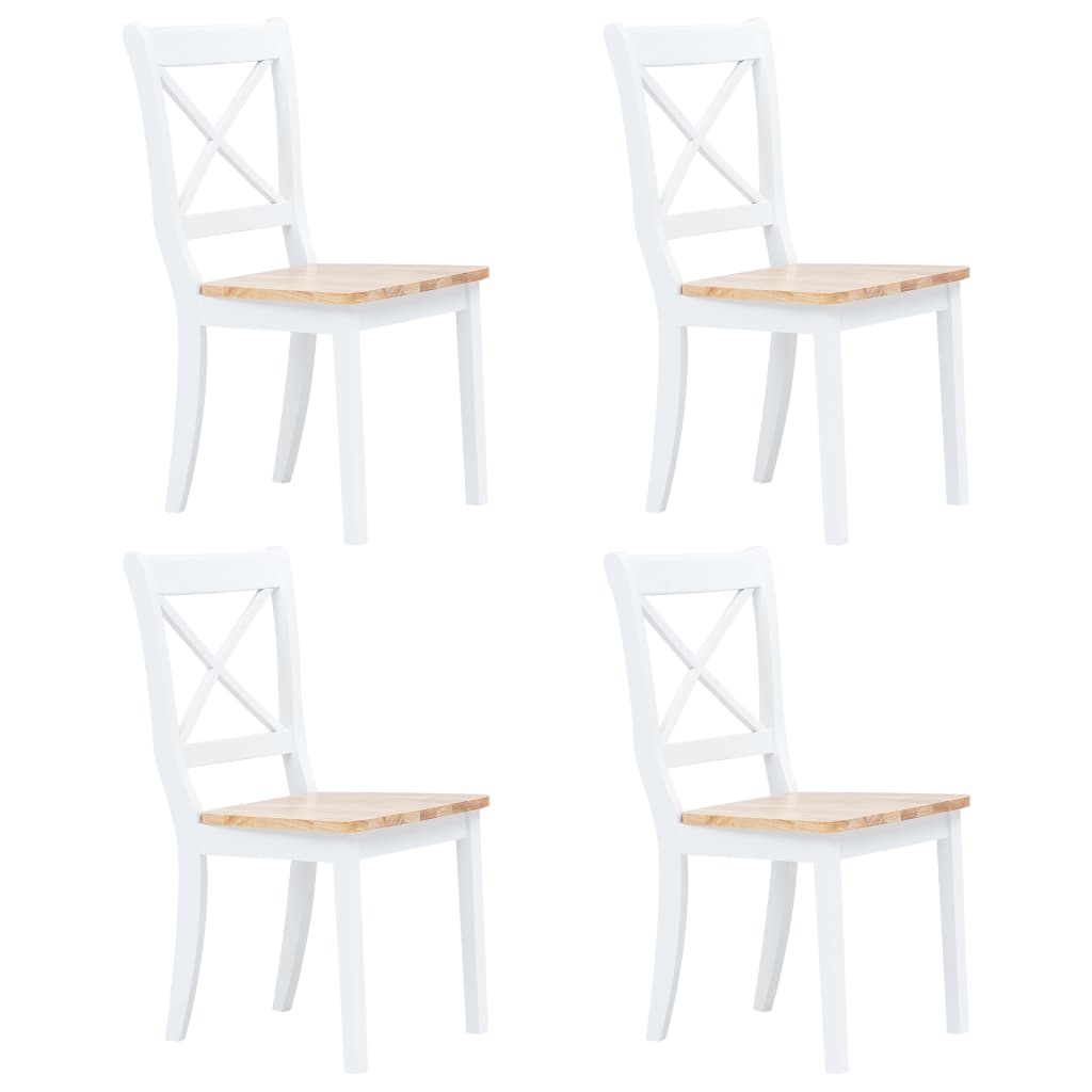 vidaXL Dining Chair | Set of 4 | White and Natural Wood | Solid rubber wood