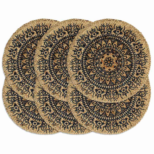 133871 vidaXL Placemats 6 pcs Dark Blue 38 cm Round Jute