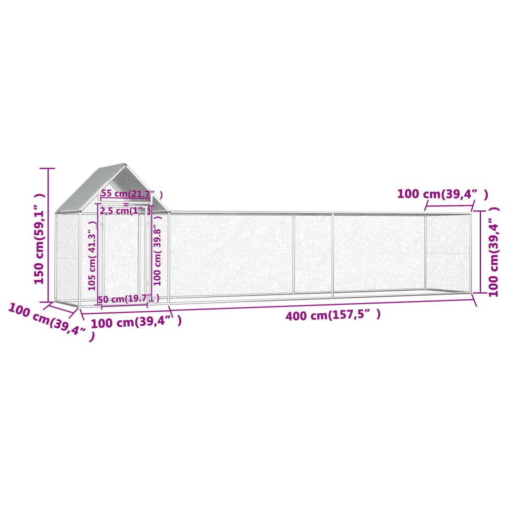 vidaXL Chicken Coop 5x1x1.5 m Galvanised Steel
