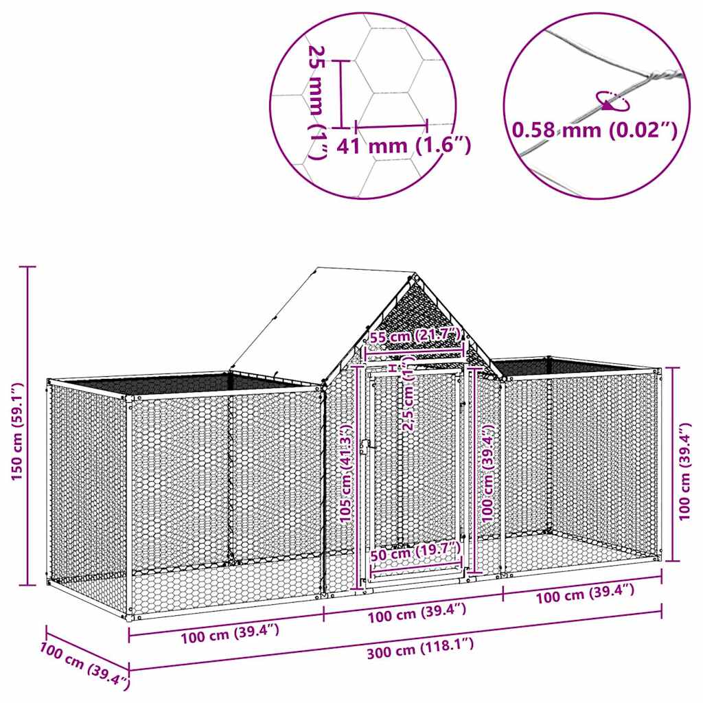 144559 vidaXL Chicken Coop 3x1x1,5 m Galvanised Steel