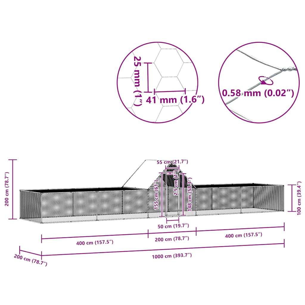 144563 vidaXL Chicken Coop 10x2x2 m Galvanised Steel