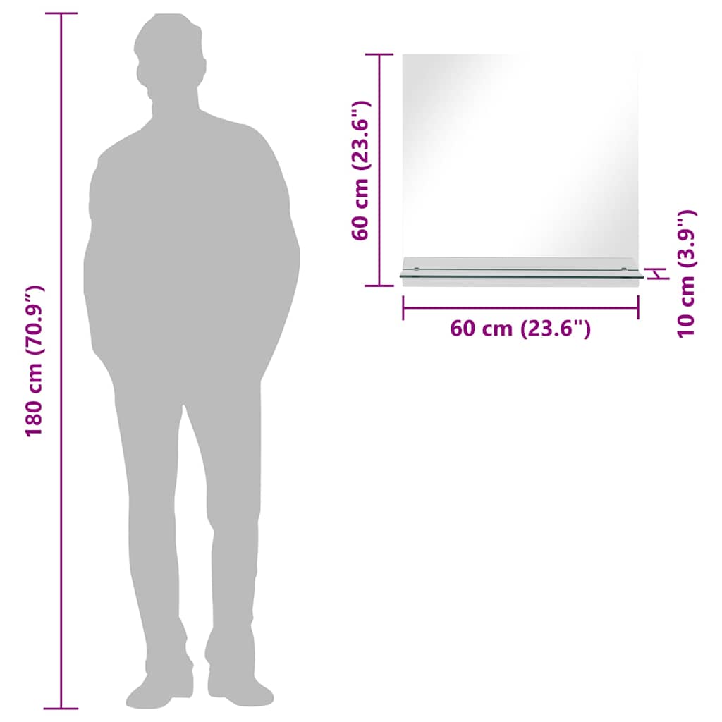 vidaXL Wall Mirror | Transparent | Tempered Glass | 60x60 cm | Decorative Inlays