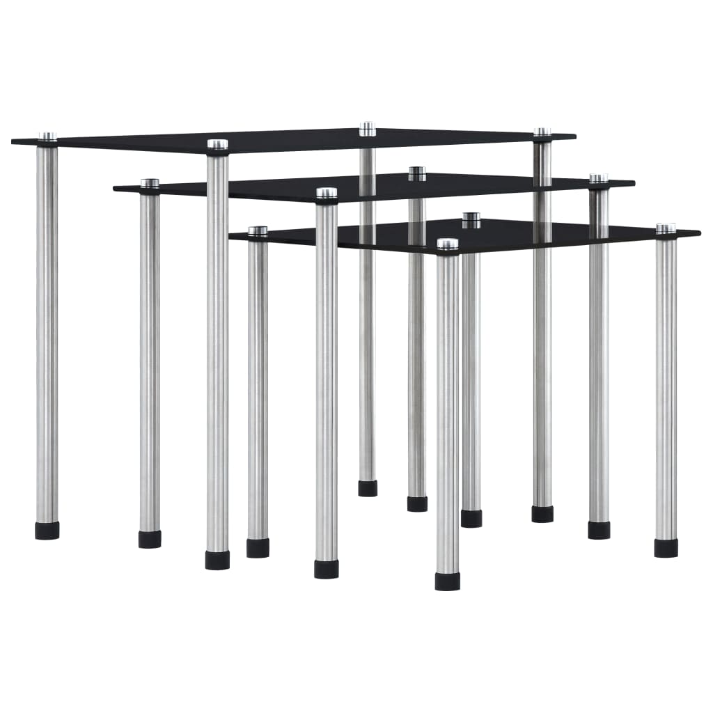 vidaXL Nesting Table | Set of 3 | Black | Tempered glass and aluminium | 3 sizes