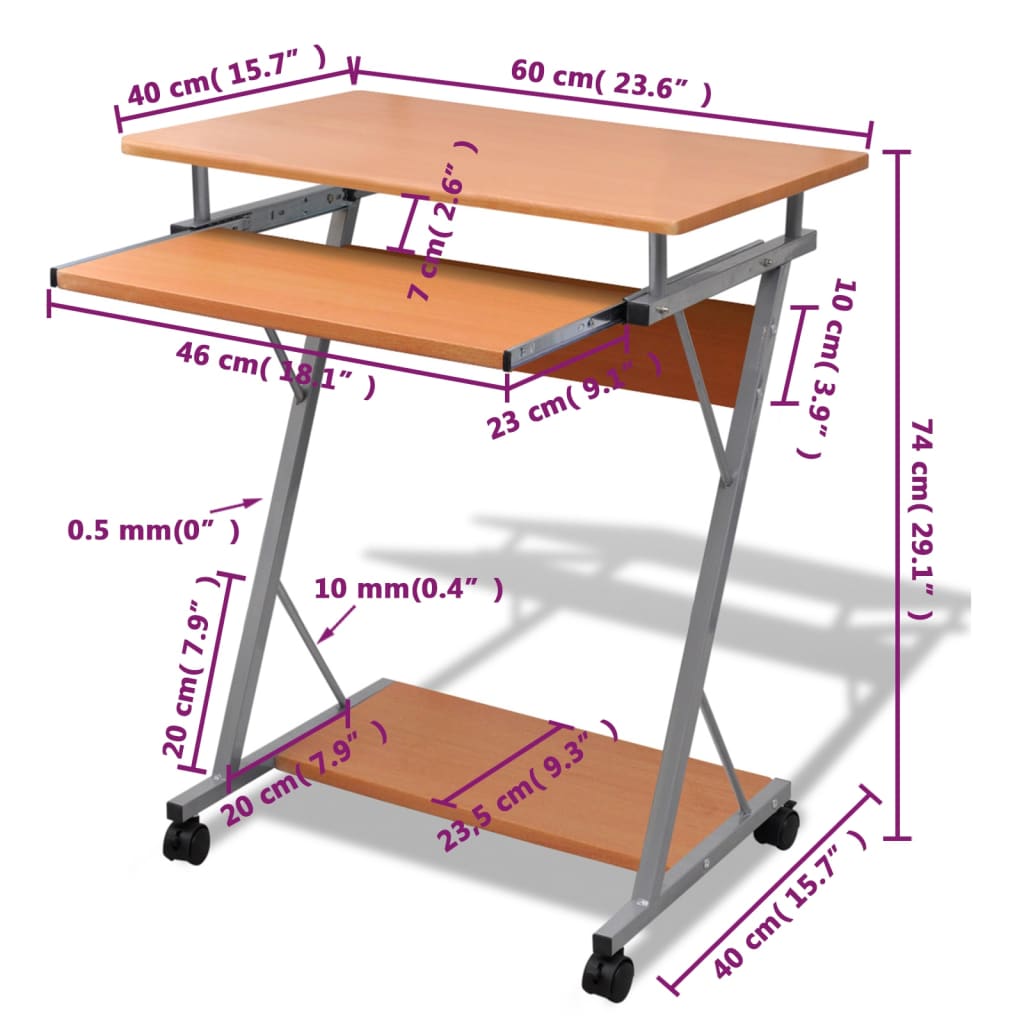 vidaXL Compact Computer Desk with Pull-out Keyboard Tray Brown