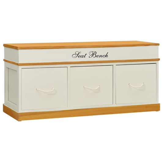 vidaXL Storage Bench | White and Light Wood | Solid Paulownia Wood | 100 cm