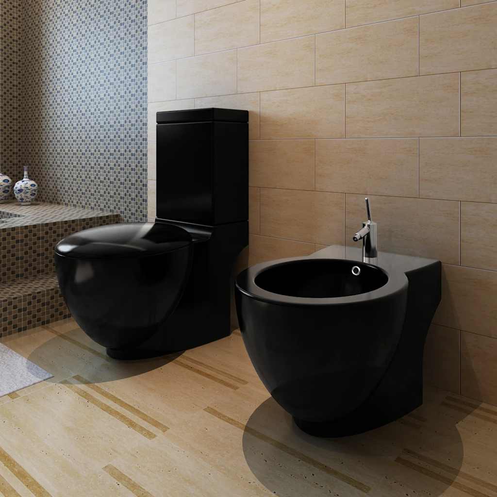 Stand Toilet & Bidet Set Black Ceramic