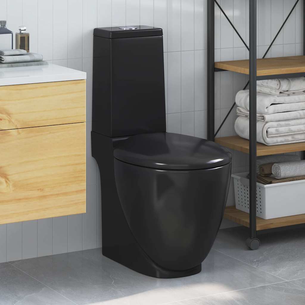 vidaXL WC Ceramic Toilet Bathroom Round Toilet Bottom Water Flow Black